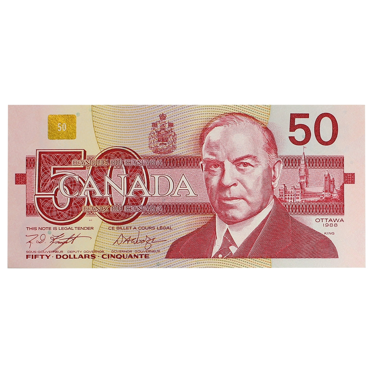 BC-59d 1988 Canada $50 Knight-Dodge, FHZ, Almost Uncirculated (AU50)