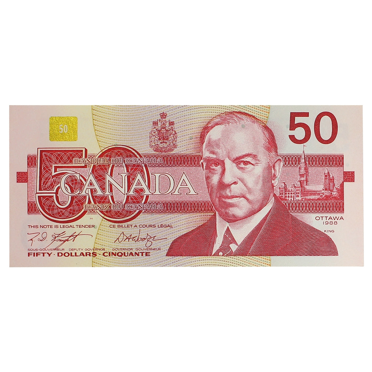 BC-59d 1988 Canada $50 Knight-Dodge, FMB, Almost Uncirculated (AU50)