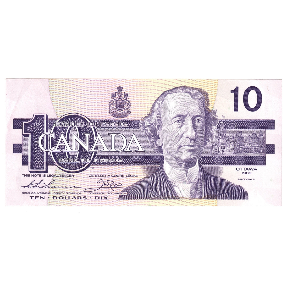 BC-57a 1989 Canada $10 Thiessen-Crow, ADJ, Almost Uncirculated (AU50)