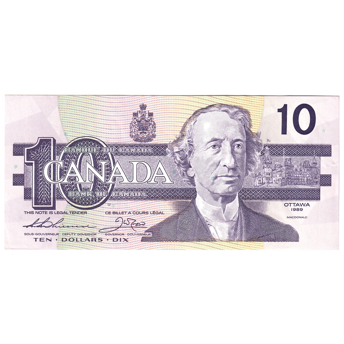 BC-57a 1989 Canada $10 Thiessen-Crow, AEG, Almost Uncirculated (AU50)
