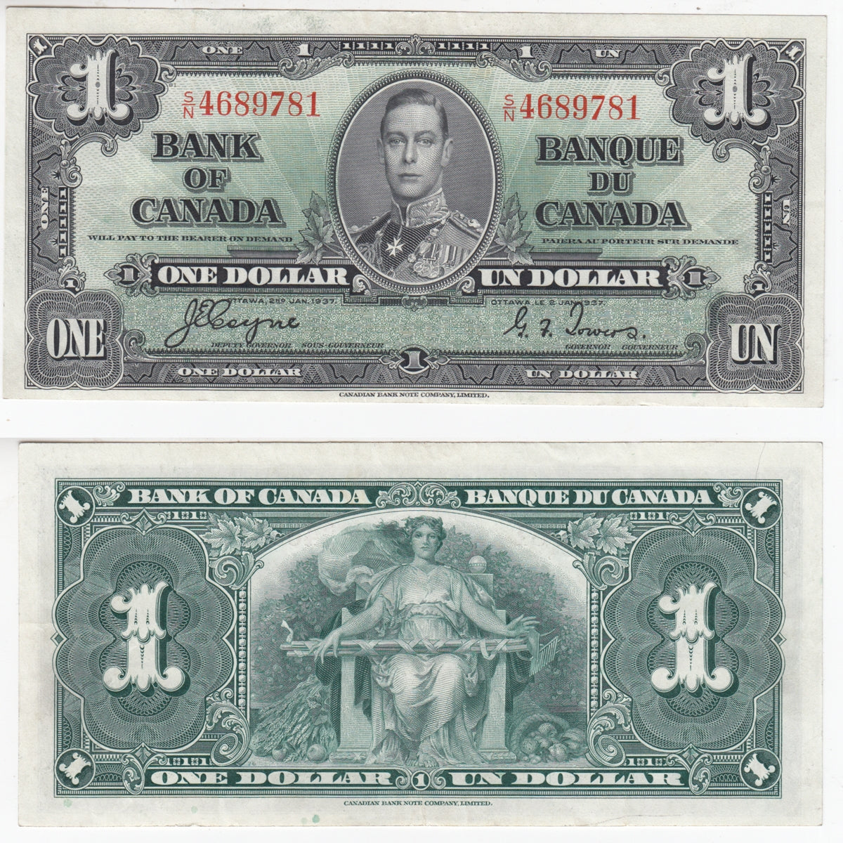 BC-21d 1937 Canada $1 Coyne-Towers, S/N, VF-EF (VF30)