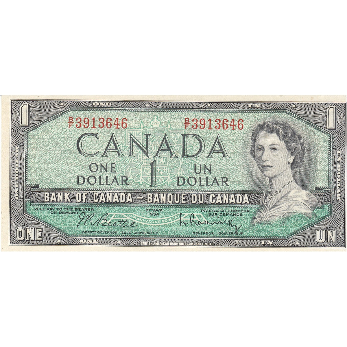 BC-37b-i 1954 Canada $1 Beattie-Rasminsky, B/F, AU-UNC
