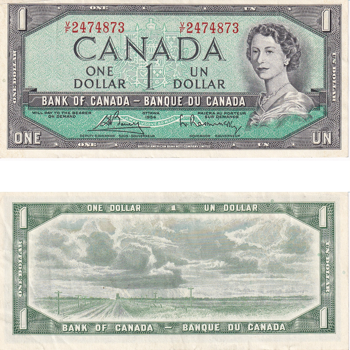 BC-37c 1954 Canada $1 Bouey-Rasminsky, V/F, Extra Fine (EF40)