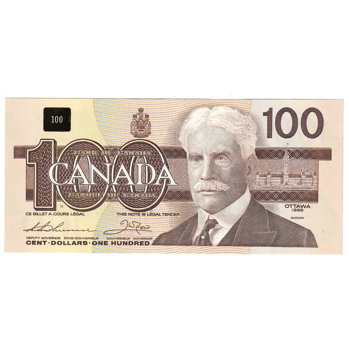 BC-60a 1988 Canada $100 Thiessen-Crow, AJY, Almost Uncirculated (AU50)
