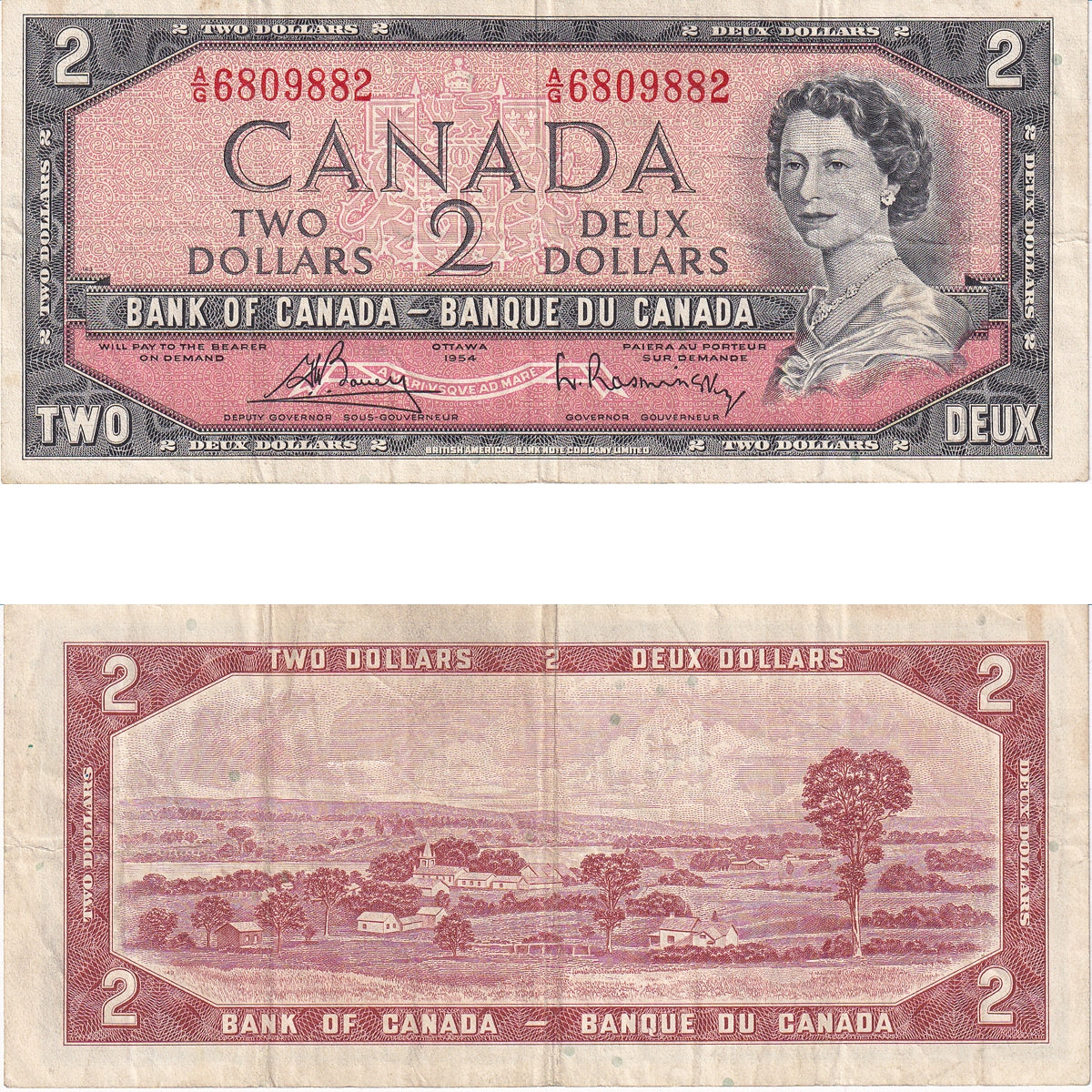BC-38c 1954 Canada $2 Bouey-Rasminsky, A/G, Very Fine (VF20)