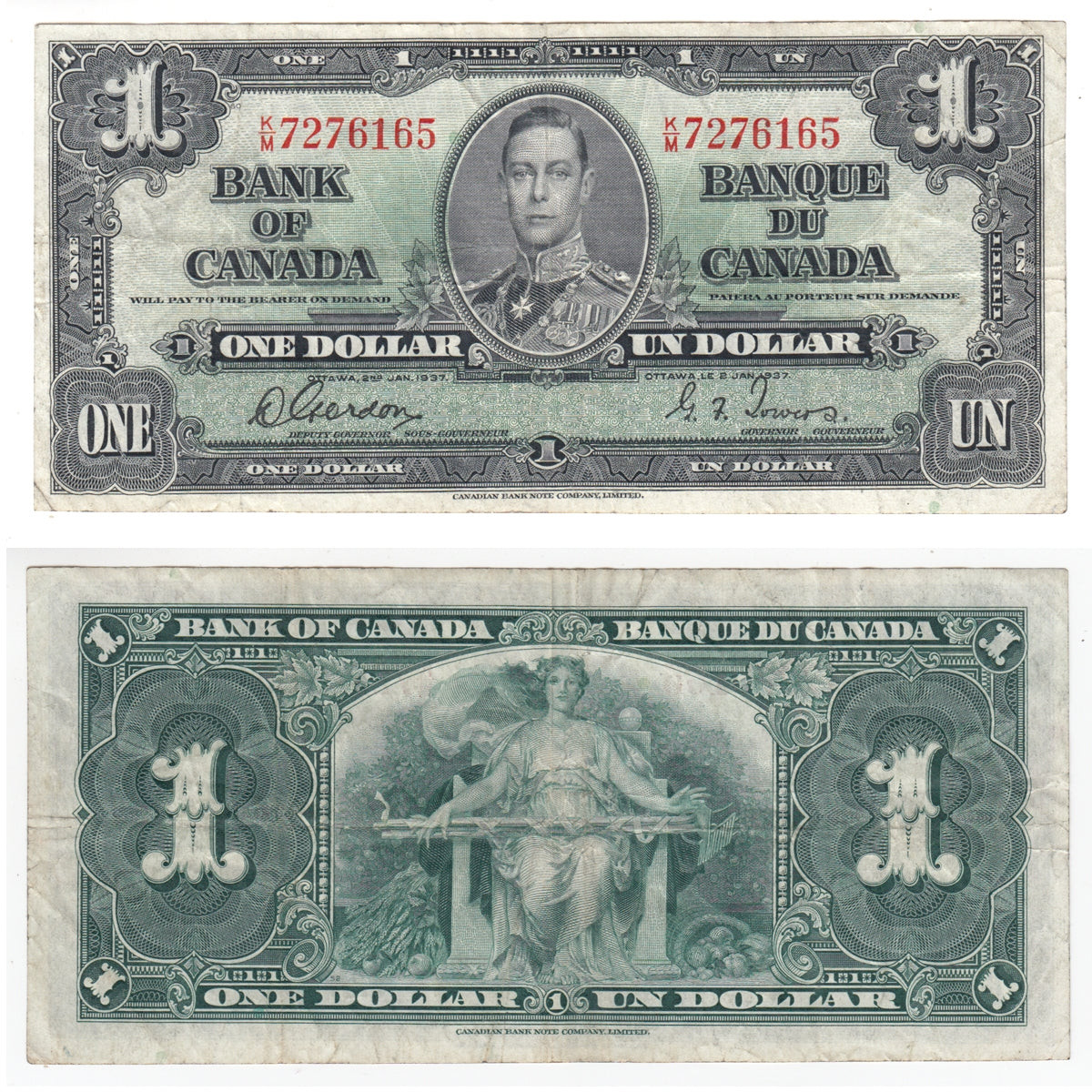 BC-21c 1937 Canada $1 Gordon-Towers, K/M, VF