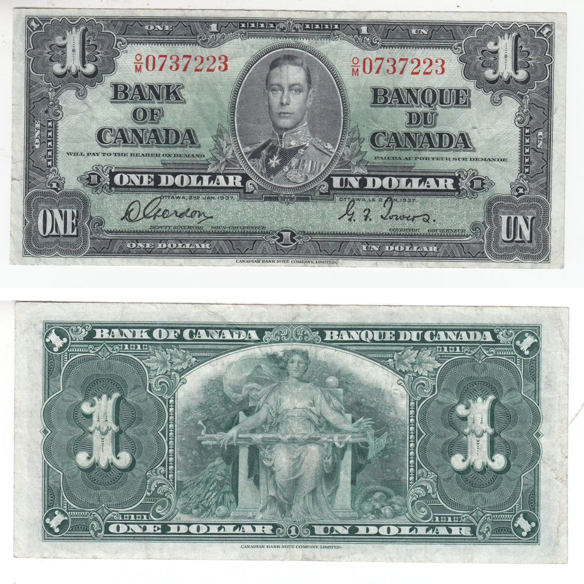 BC-21c 1937 Canada $1 Gordon-Towers, O/M, Very Fine (VF20)