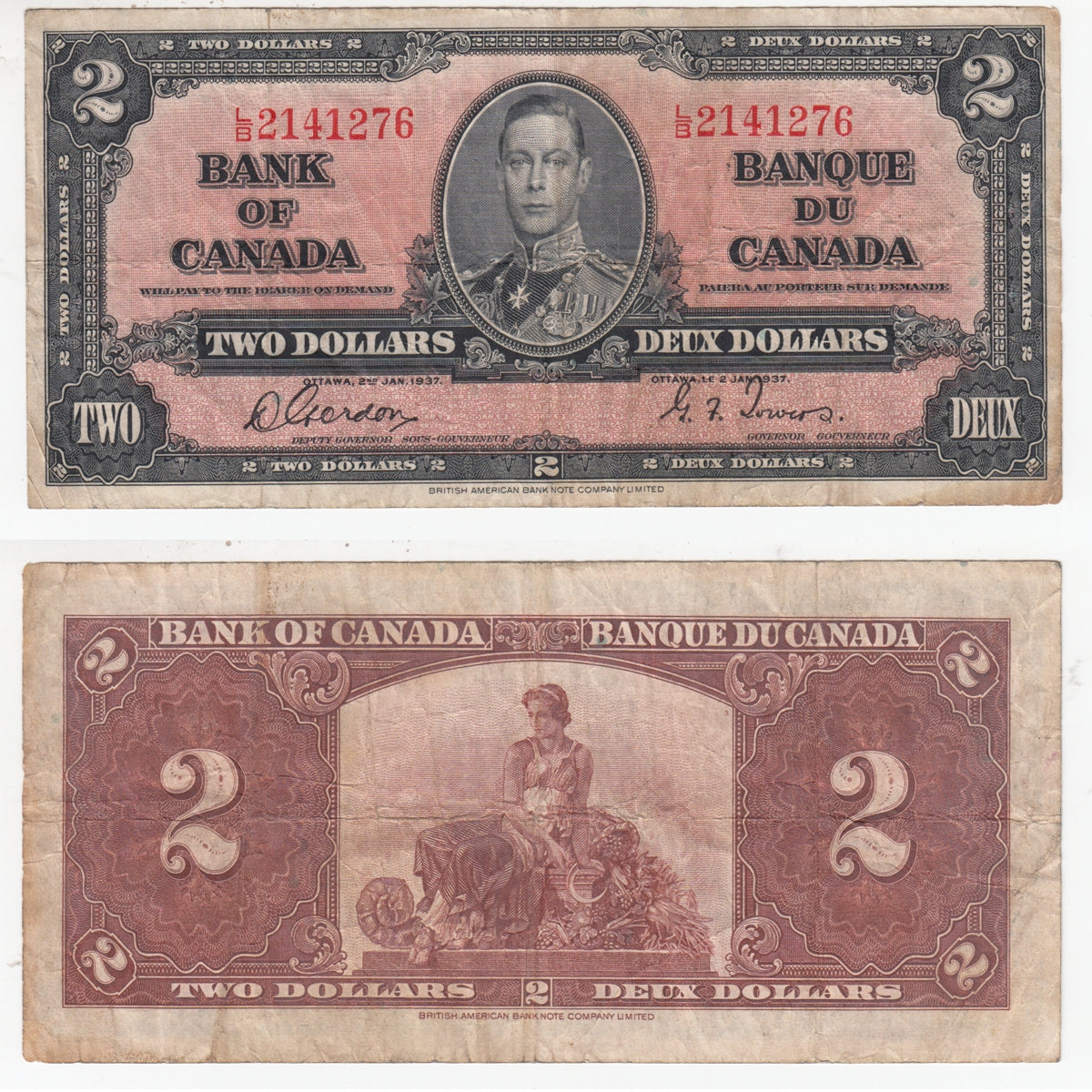 BC-22b 1937 Canada $2 Gordon-Towers, L/B, Fine (F12)