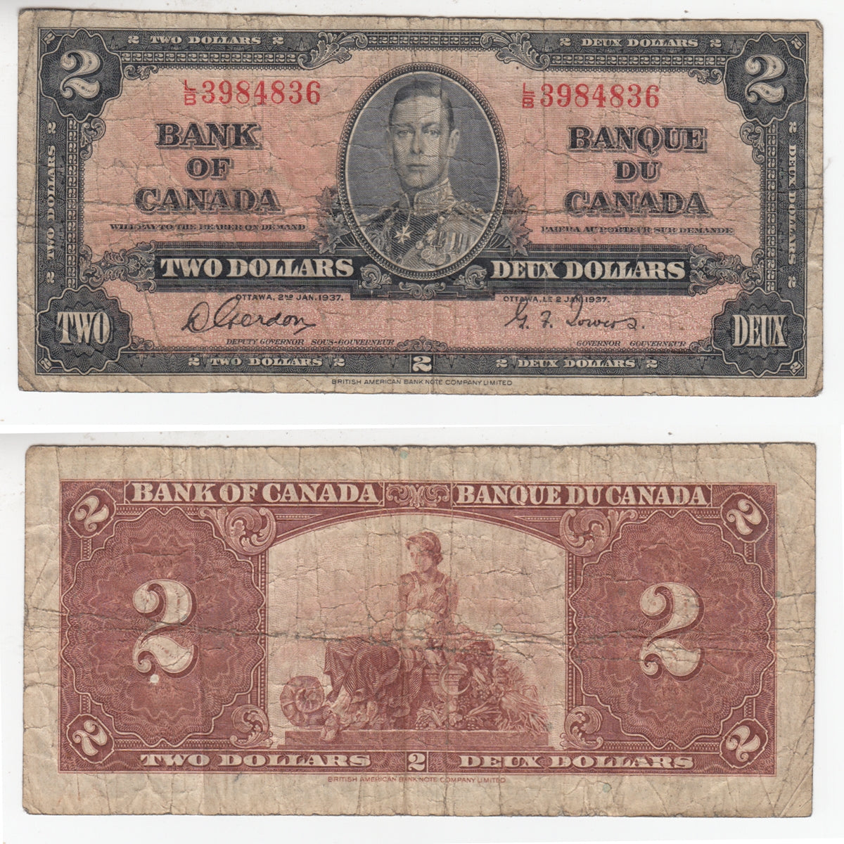 BC-22b 1937 Canada $2 Gordon-Towers, L/B, Very Good (VG8)