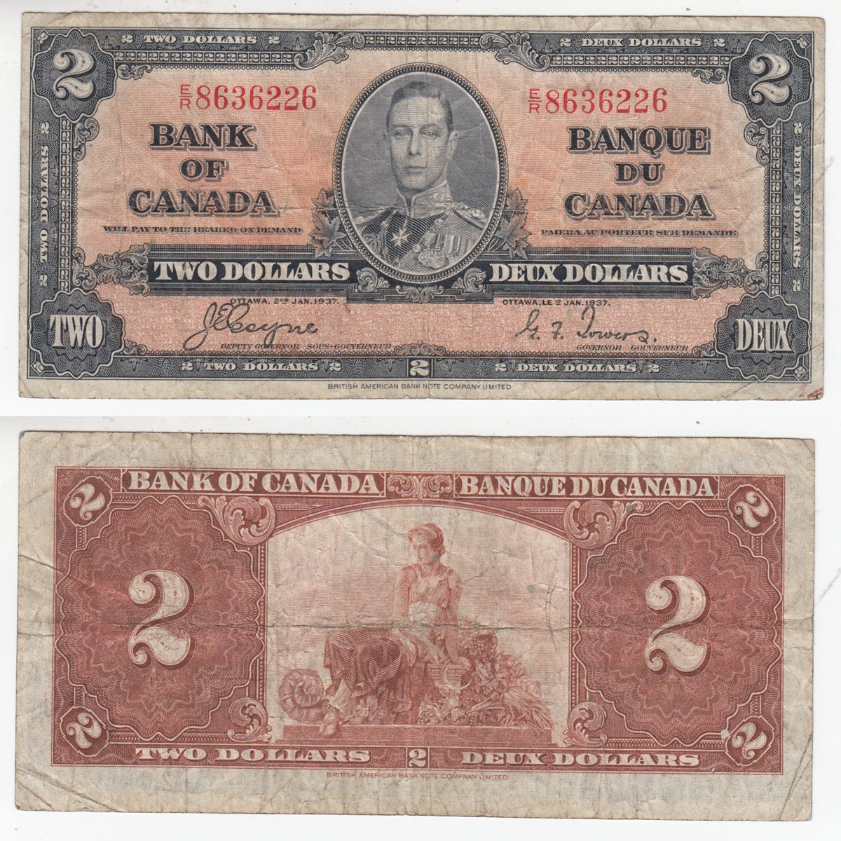 BC-22c 1937 Canada $2 Coyne-Towers, E/R, Fine (F12)