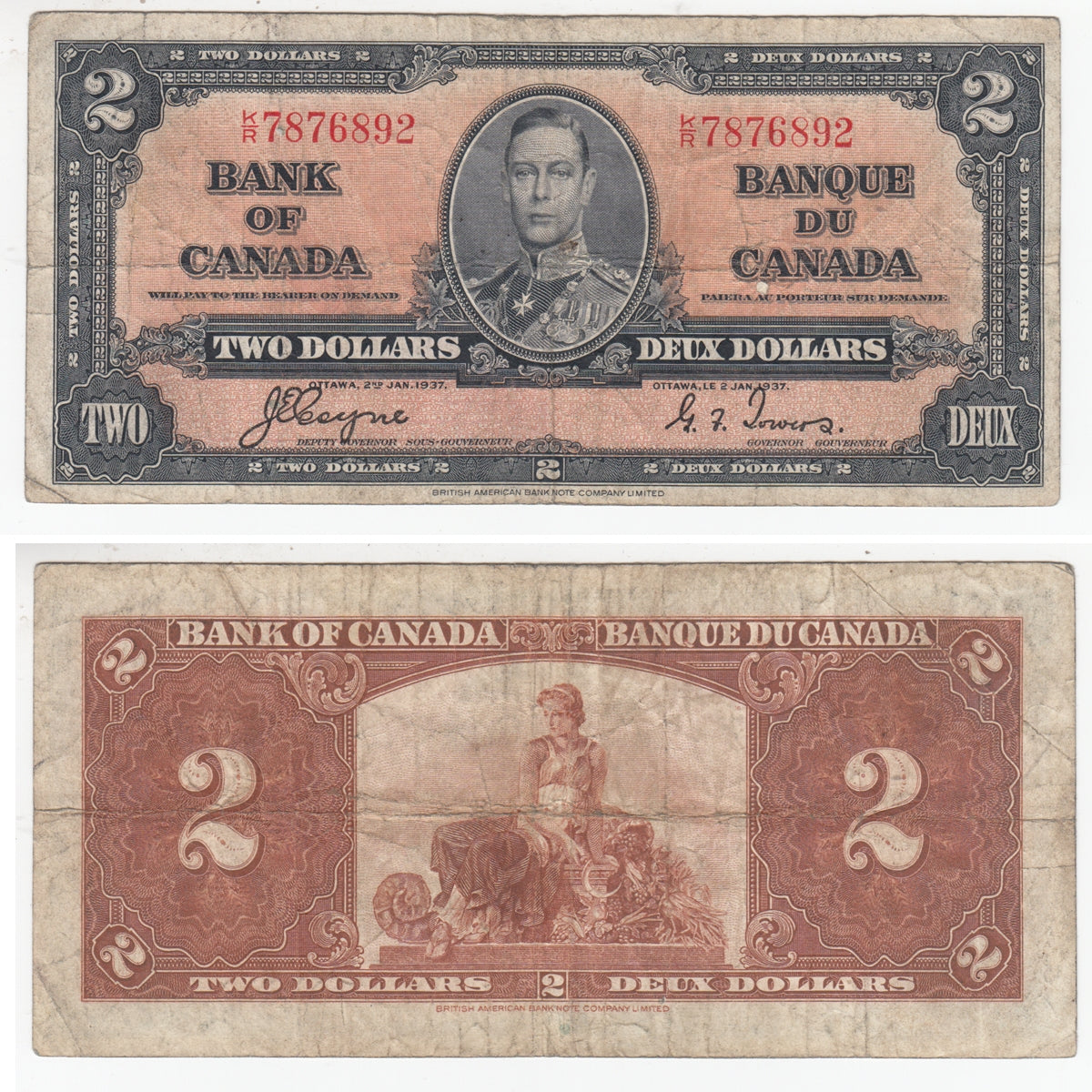 BC-22c 1937 Canada $2 Coyne-Towers, K/R, Fine (F12)