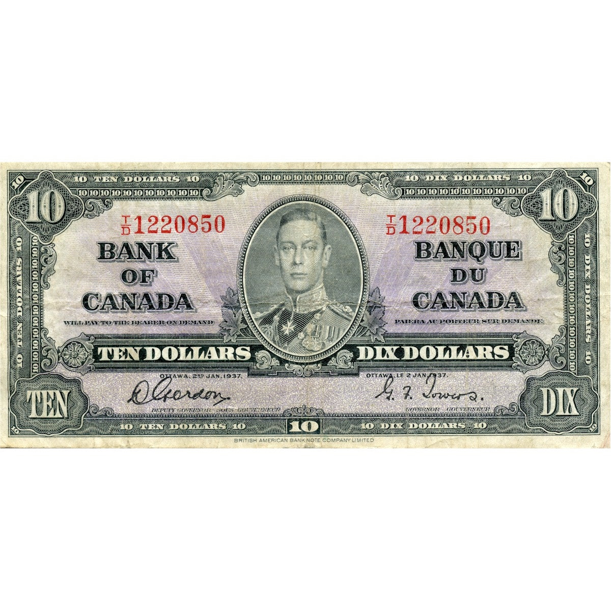 BC-24b 1937 Canada $10 Gordon-Towers, T/D, F