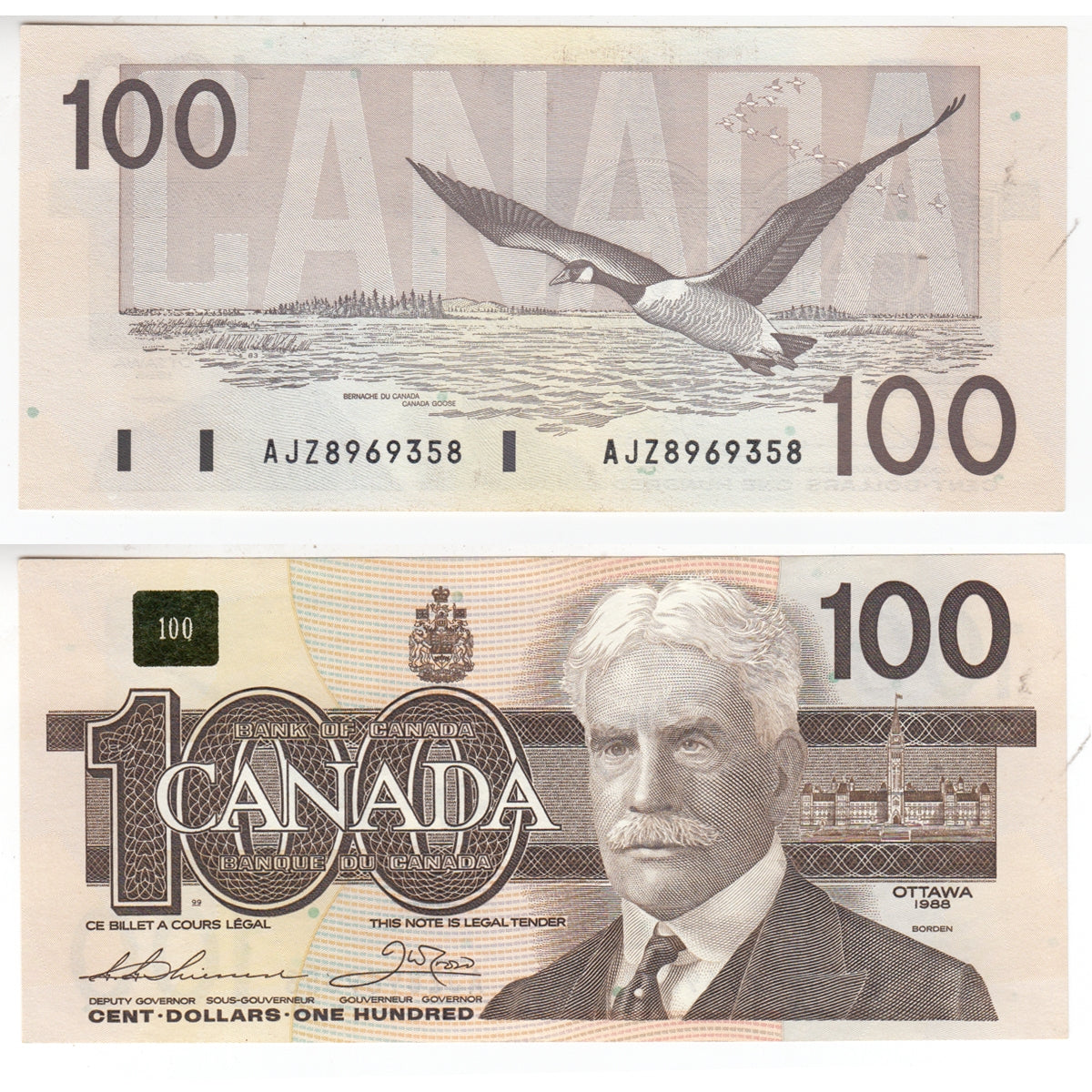 BC-60a 1988 Canada $100 Thiessen-Crow, AJZ, AU-UNC (AU55)