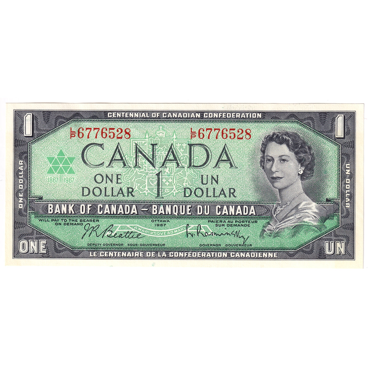 BC-45b-i 1967 Canada $1 Beattie-Rasminsky, L/P, AU-UNC