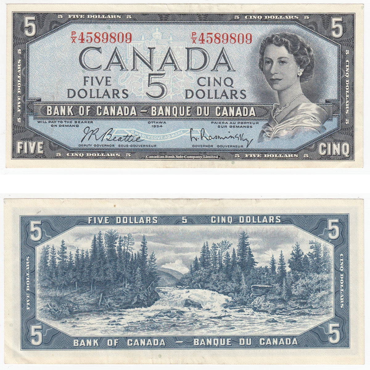 BC-39b 1954 Canada $5 Beattie-Rasminsky, P/X, Extra Fine (EF40)