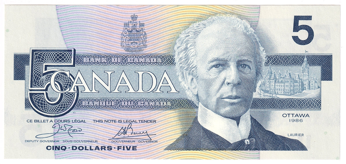 BC-56a 1986 Canada $5 Crow-Bouey, EOD, AU-UNC (AU55)