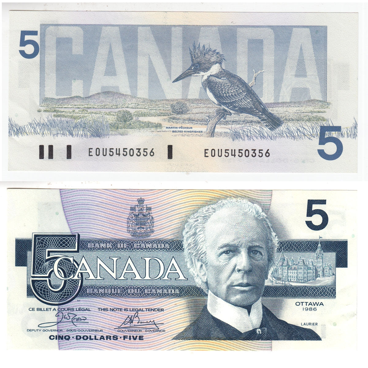 BC-56a-i 1986 Canada $5 Crow-Bouey, EOU, AU-UNC (AU55)