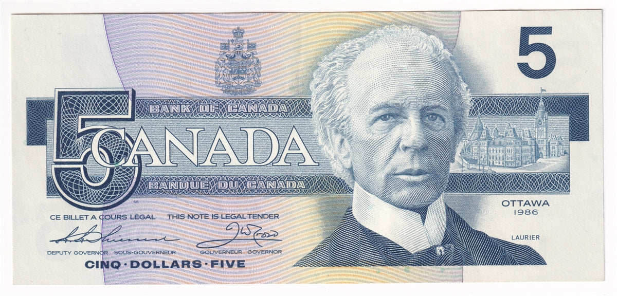BC-56b 1986 Canada $5 Thiessen-Crow, FOD, Almost Uncirculated (AU50)
