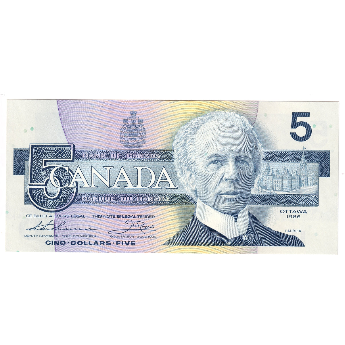BC-56b 1986 Canada $5 Thiessen-Crow, FOM, Choice Uncirculated (CUNC63)