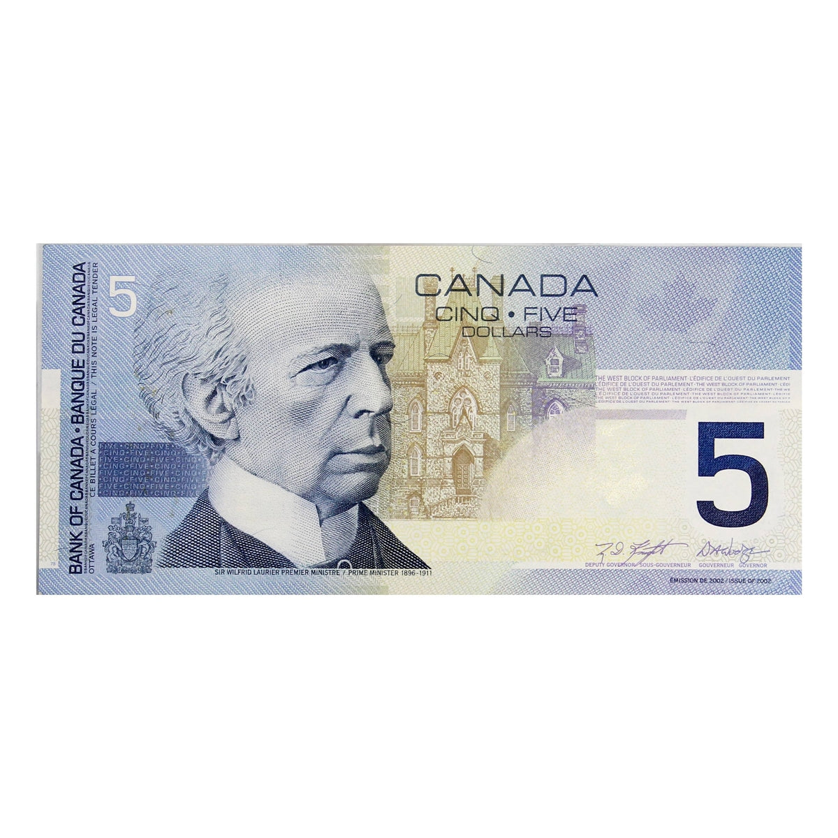 BC-62a 2001 Canada $5 Knight-Dodge, AOF, Almost Uncirculated (AU50)