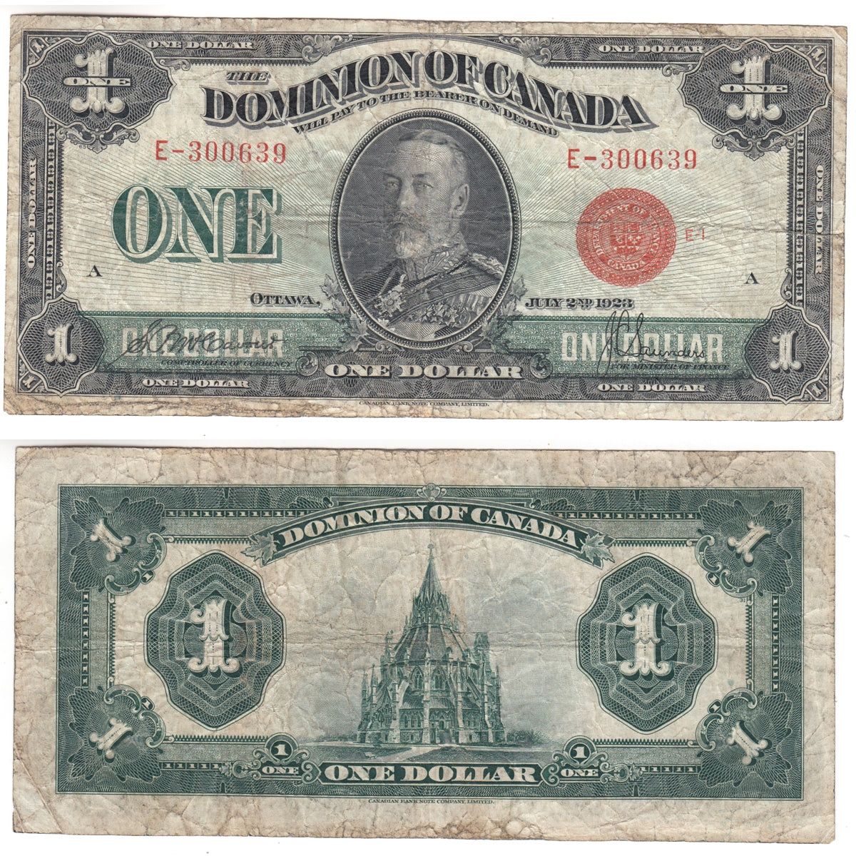 DC-25b 1923 Dominion $1 McCavour-Saunders, Red Seal Group One, E, VG-F (VG10)