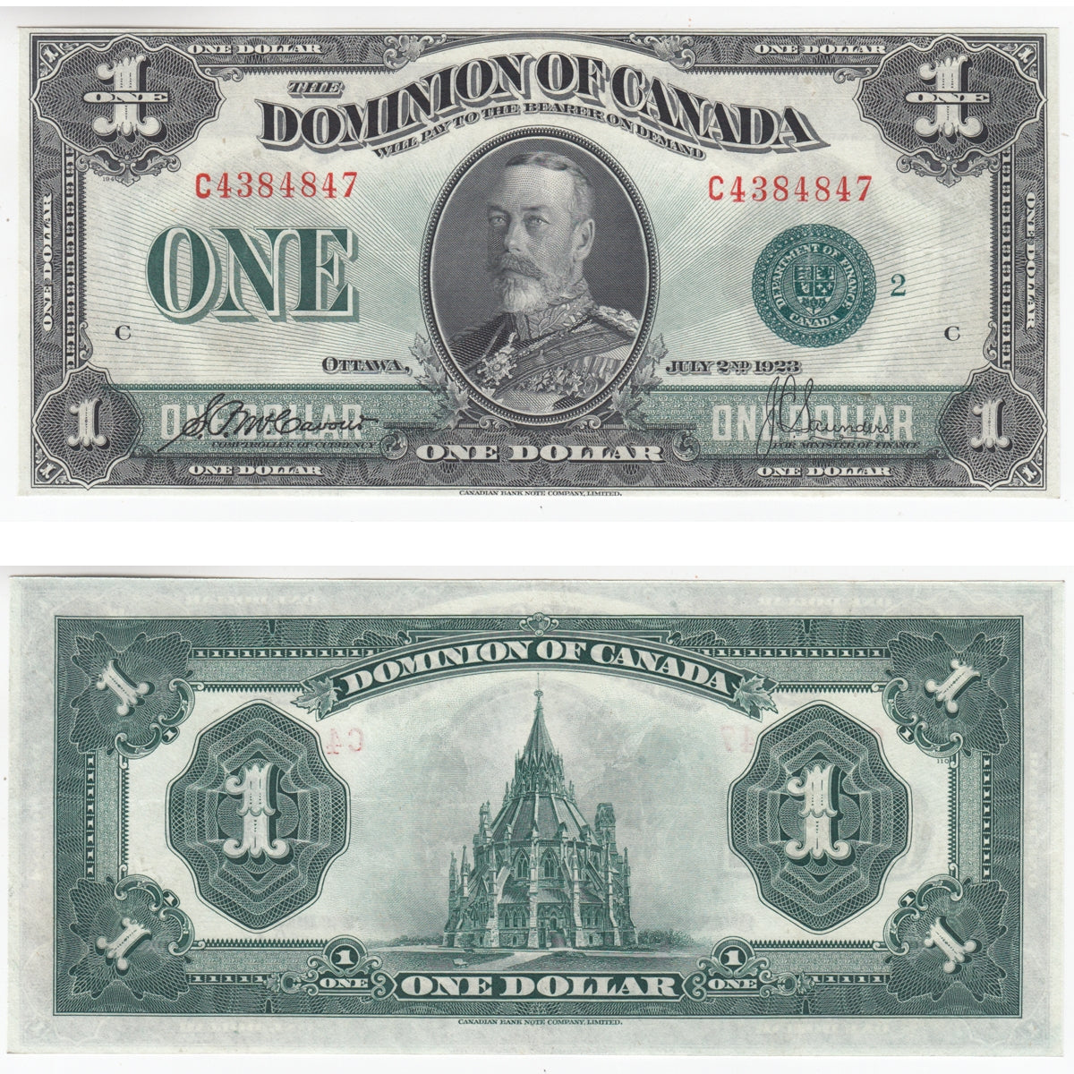 DC-25j 1923 Dominion $1 McCavour-Saunders, Green Seal, Group 2, VF-EF