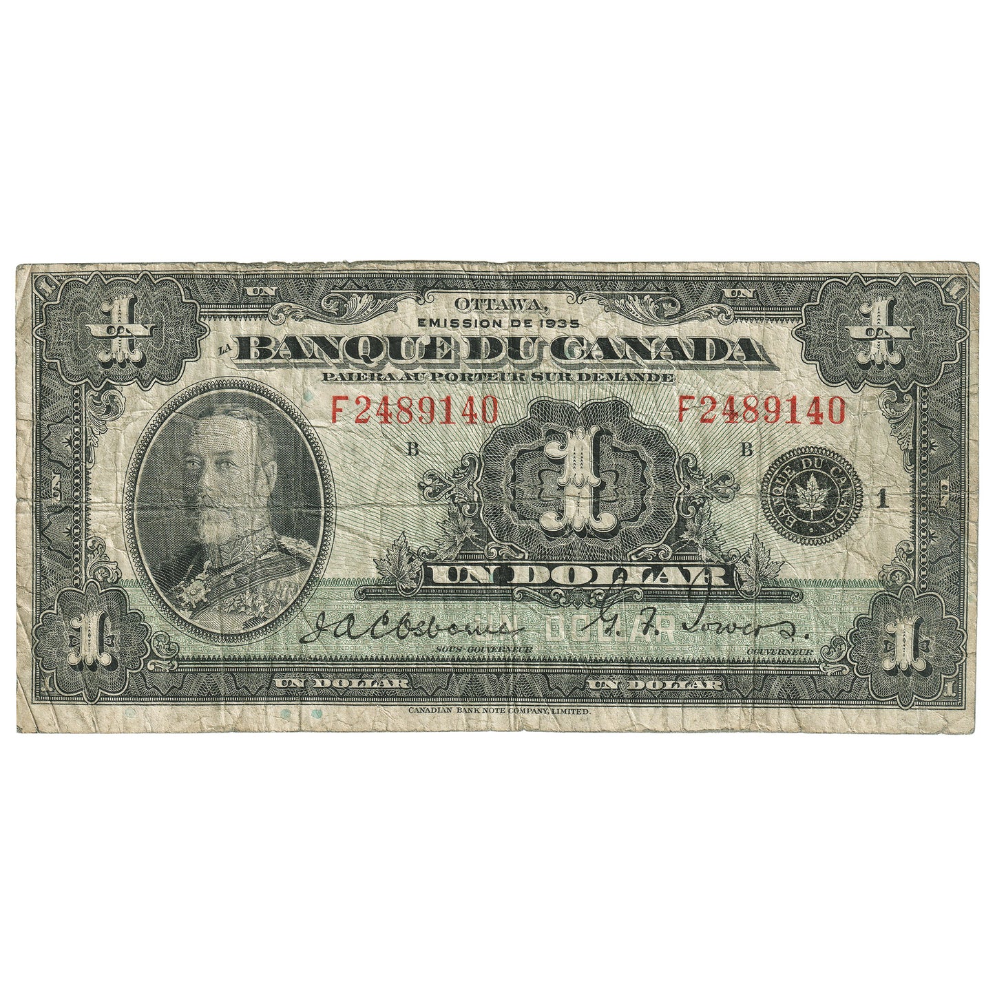 BC-2 1935 Canada $1 Osborne-Towers, French, VG