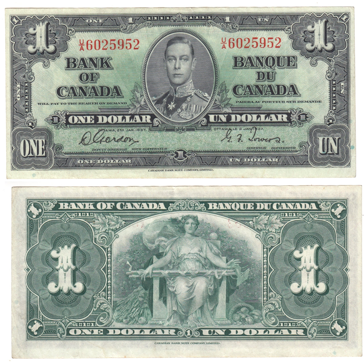 BC-21c 1937 Canada $1 Gordon-Towers, U/A, Extra Fine (EF40)