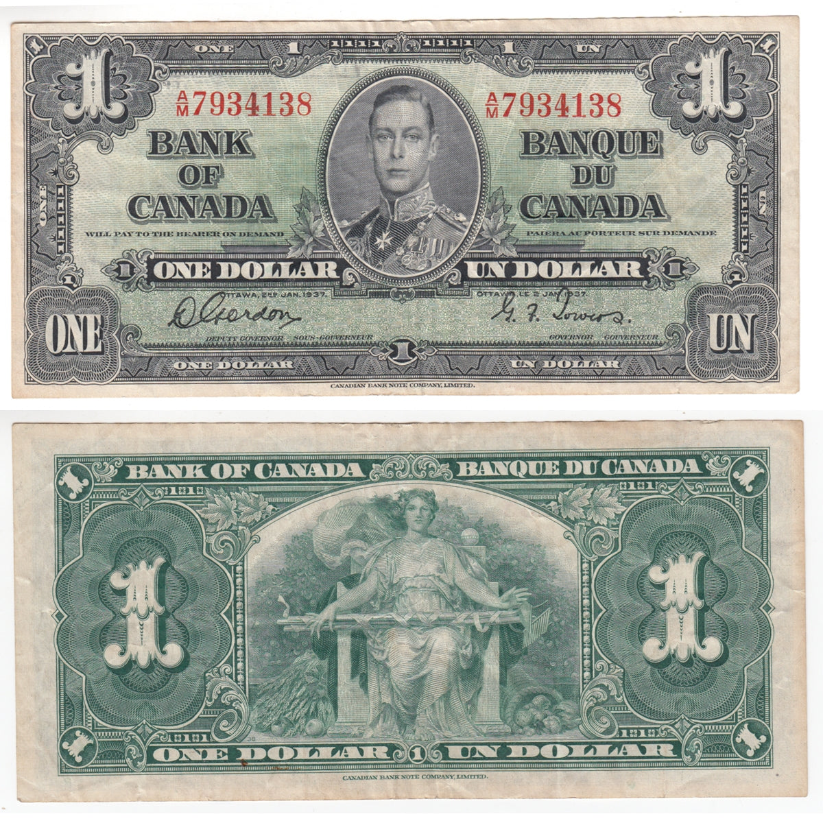 BC-21c 1937 Canada $1 Gordon-Towers, A/M, Very Fine (VF20)