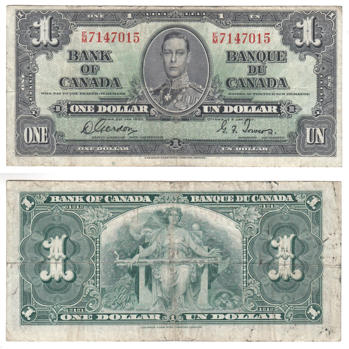 BC-21c 1937 Canada $1 Gordon-Towers, E/M, Fine (F12)