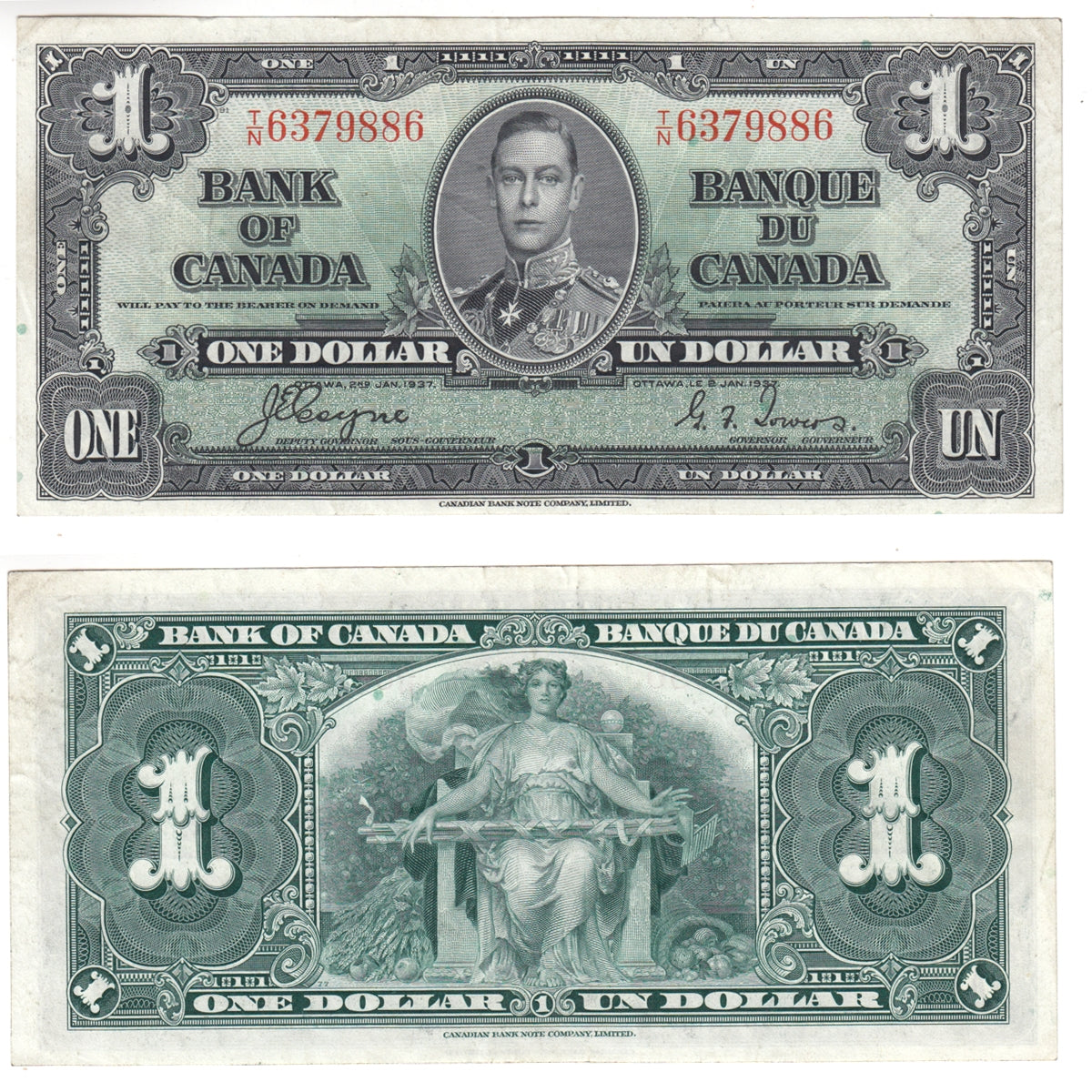 BC-21d 1937 Canada $1 Coyne-Towers, T/N, Extra Fine (EF40)