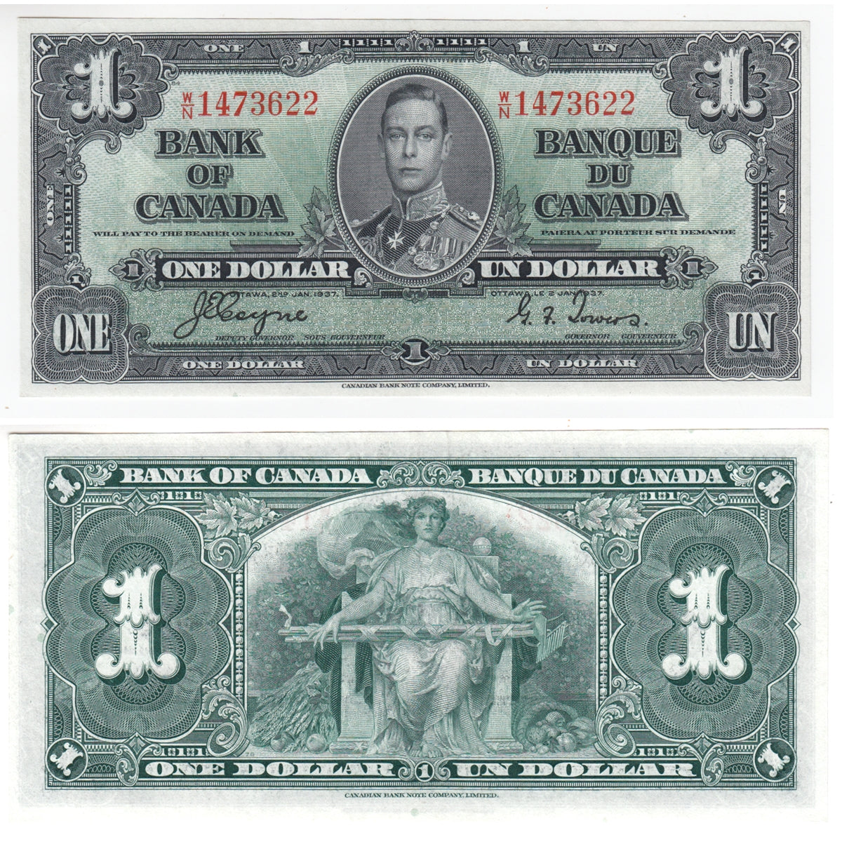 BC-21d 1937 Canada $1 Coyne-Towers, W/N, Extra Fine (EF40)