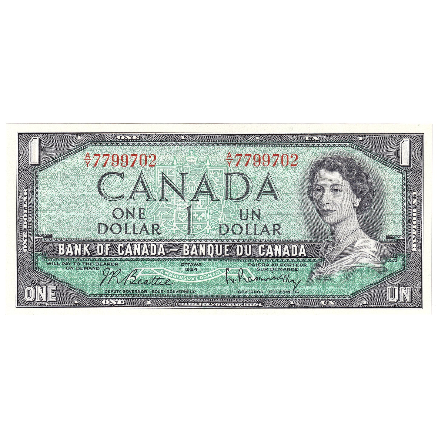 BC-37b 1954 Canada $1 Beattie-Rasminsky, A/Y, CUNC