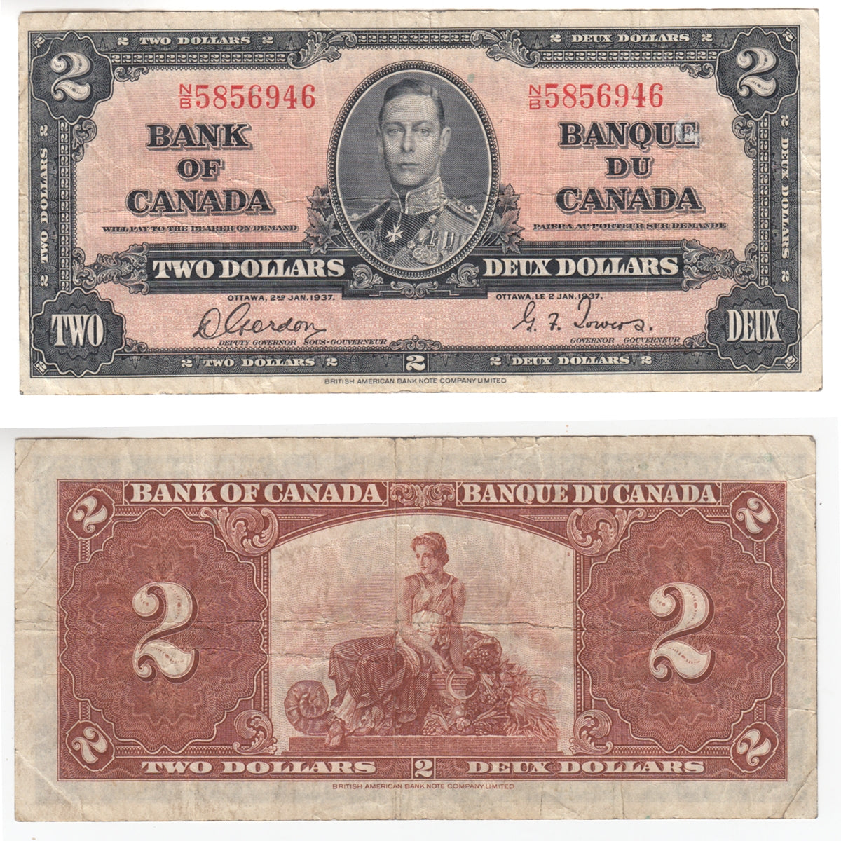 BC-22b 1937 Canada $2 Gordon-Towers, N/B, F-VF (F15)