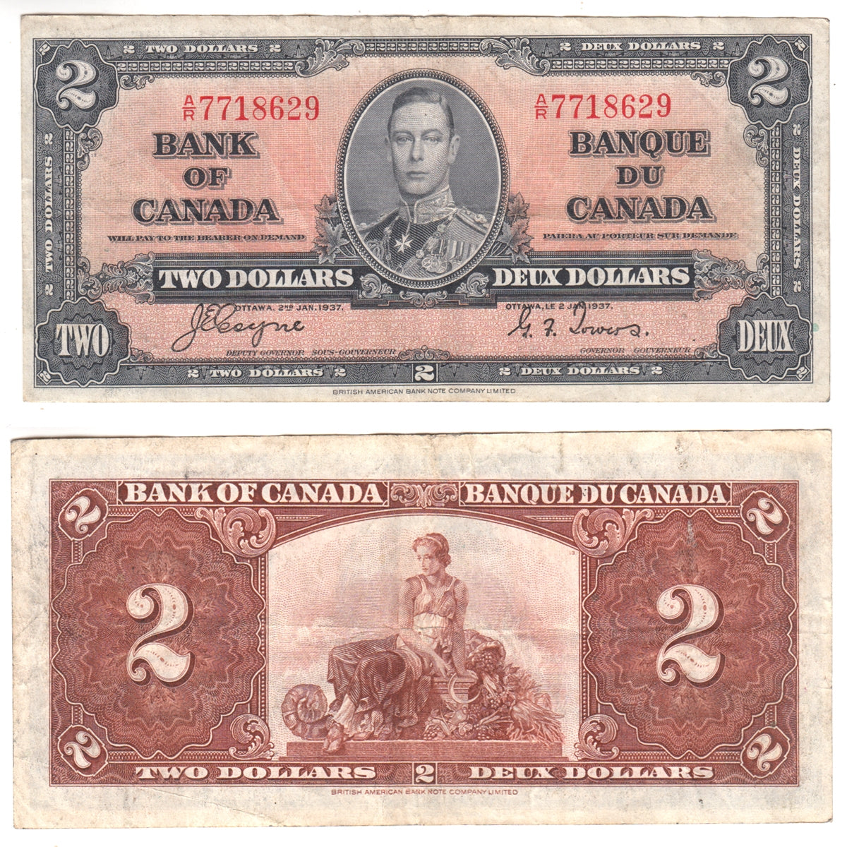 BC-22c 1937 Canada $2 Coyne-Towers, A/R, Very Fine (VF20)