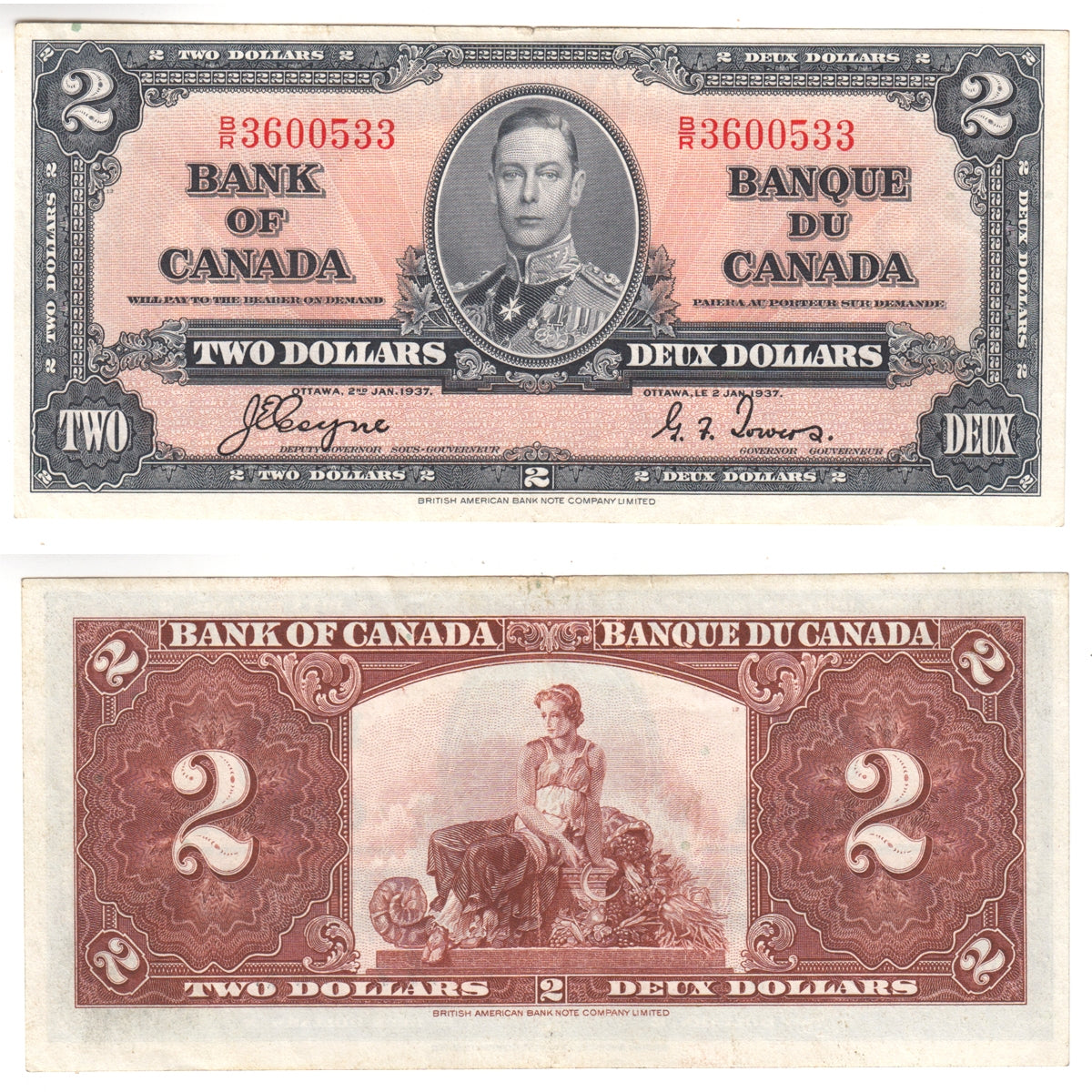 BC-22c 1937 Canada $2 Coyne-Towers, B/R, Extra Fine (EF40)
