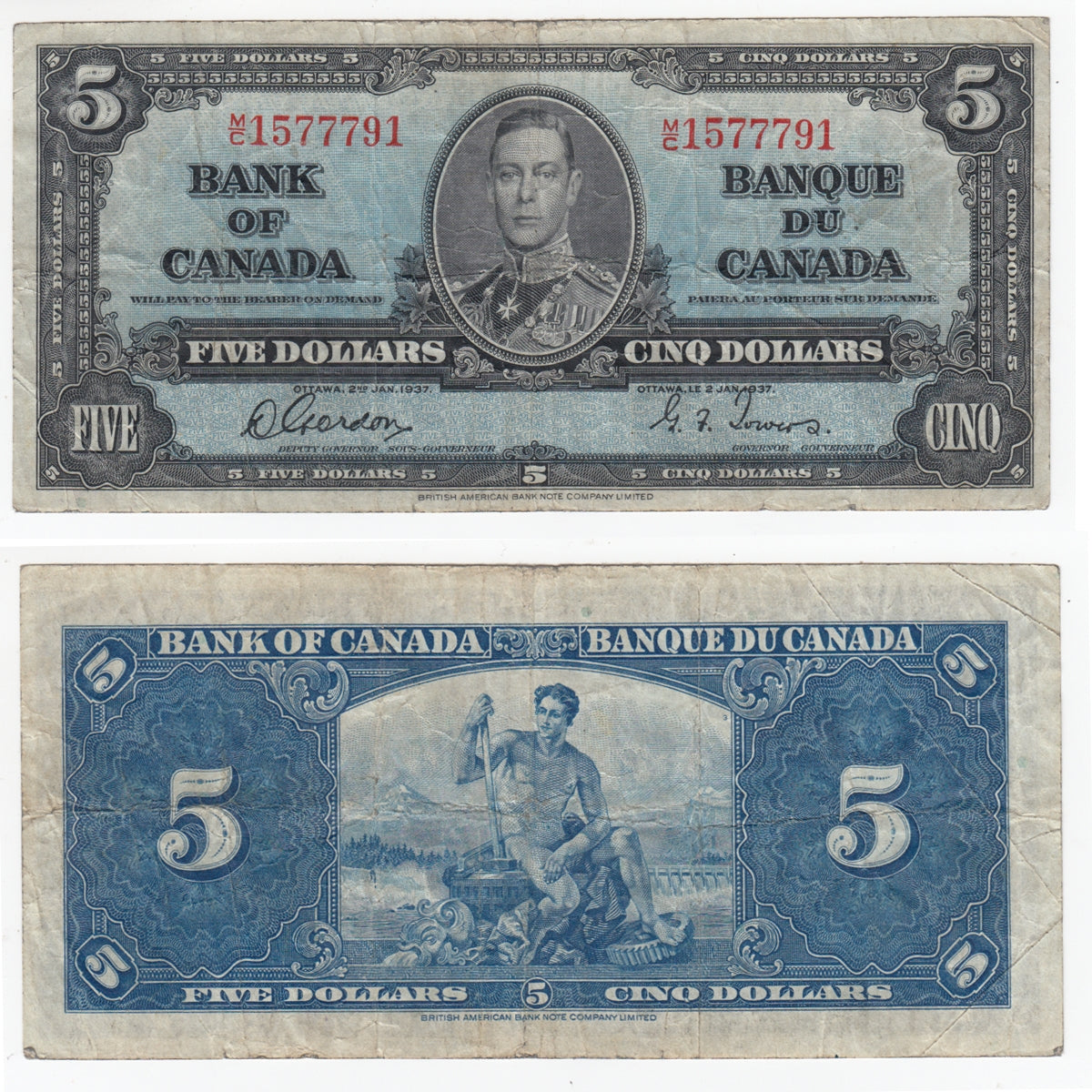 BC-23b 1937 Canada $5 Gordon-Towers, M/C, Fine (F12)