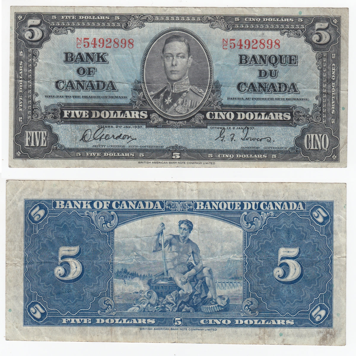 BC-23b 1937 Canada $5 Gordon-Towers, N/C, Very Fine (VF20)