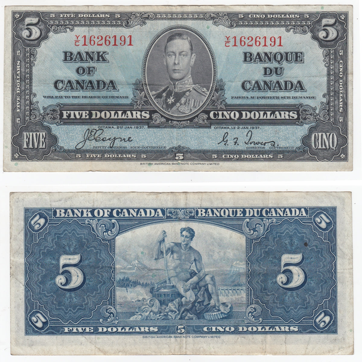 BC-23c 1937 Canada $5 Coyne-Towers, Y/C, Very Fine (VF20)