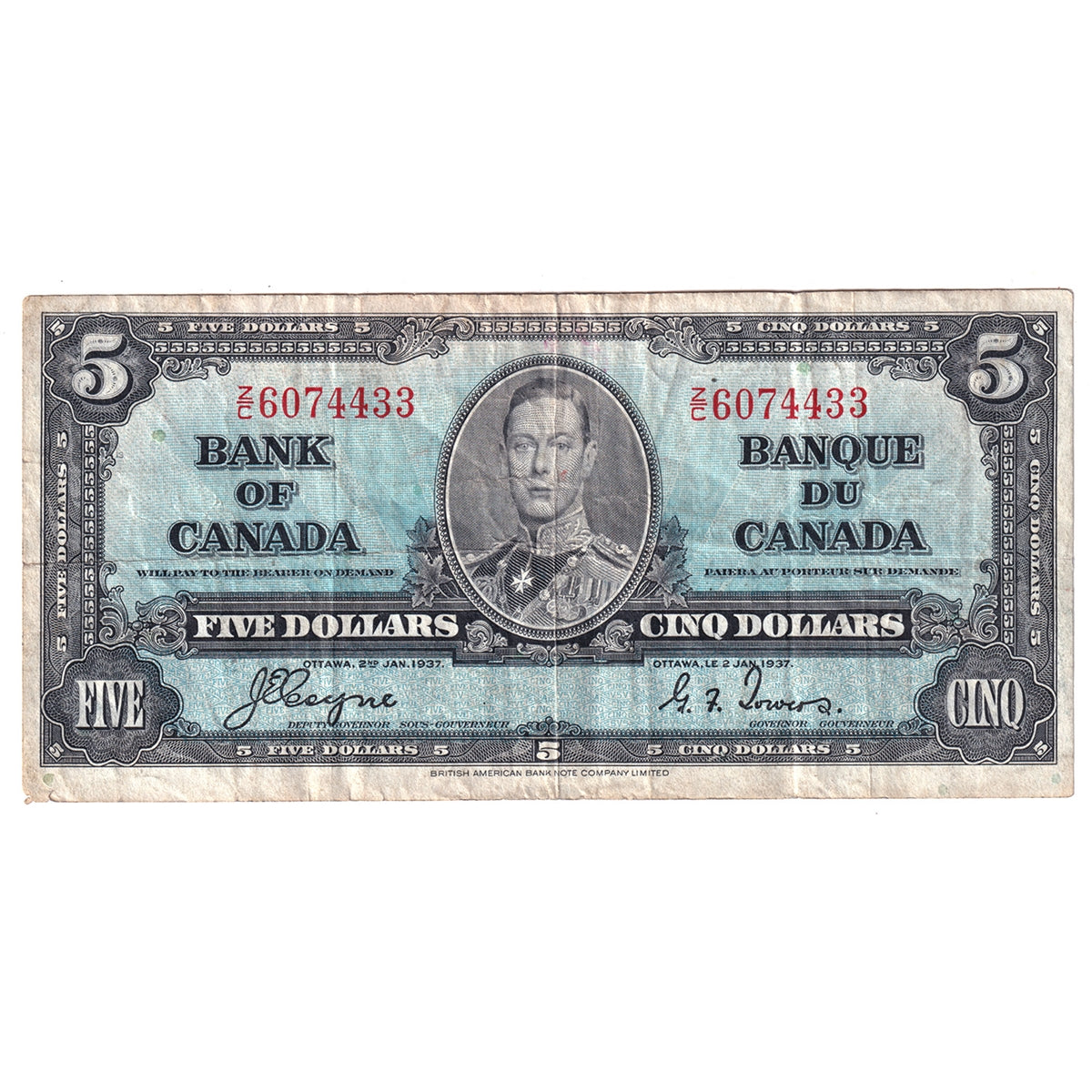 BC-23c 1937 Canada $5 Coyne-Towers, Z/C, VF