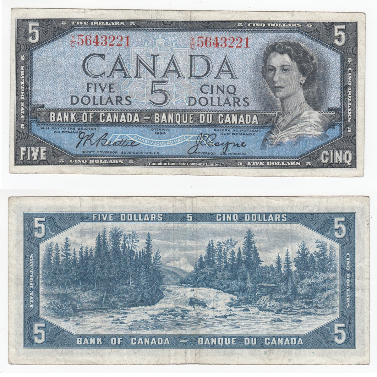 BC-39a-i 1954 Canada $5 Beattie-Coyne, Y/C, F-VF (F15)
