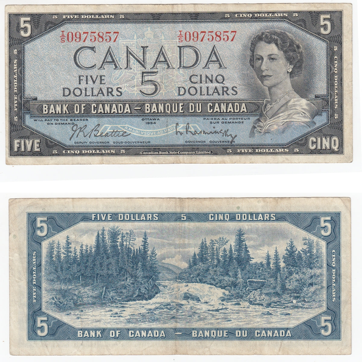 BC-39b 1954 Canada $5 Beattie-Rasminsky, I/S, F-VF (F15)