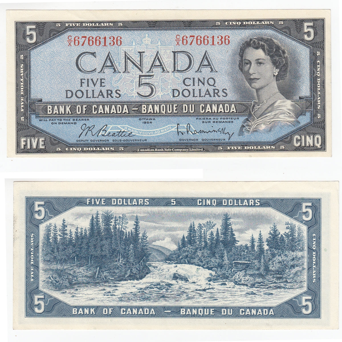 BC-39b 1954 Canada $5 Beattie-Rasminsky, C/X, AU-UNC