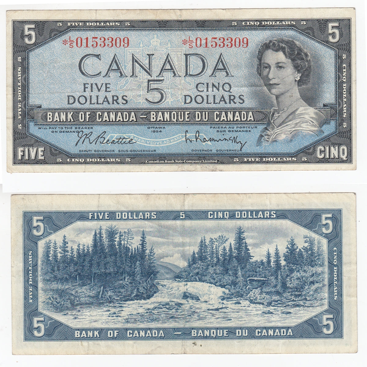 BC-39bA 1954 Canada $5 Beattie-Rasminsky, *L/S, F-VF (F15)