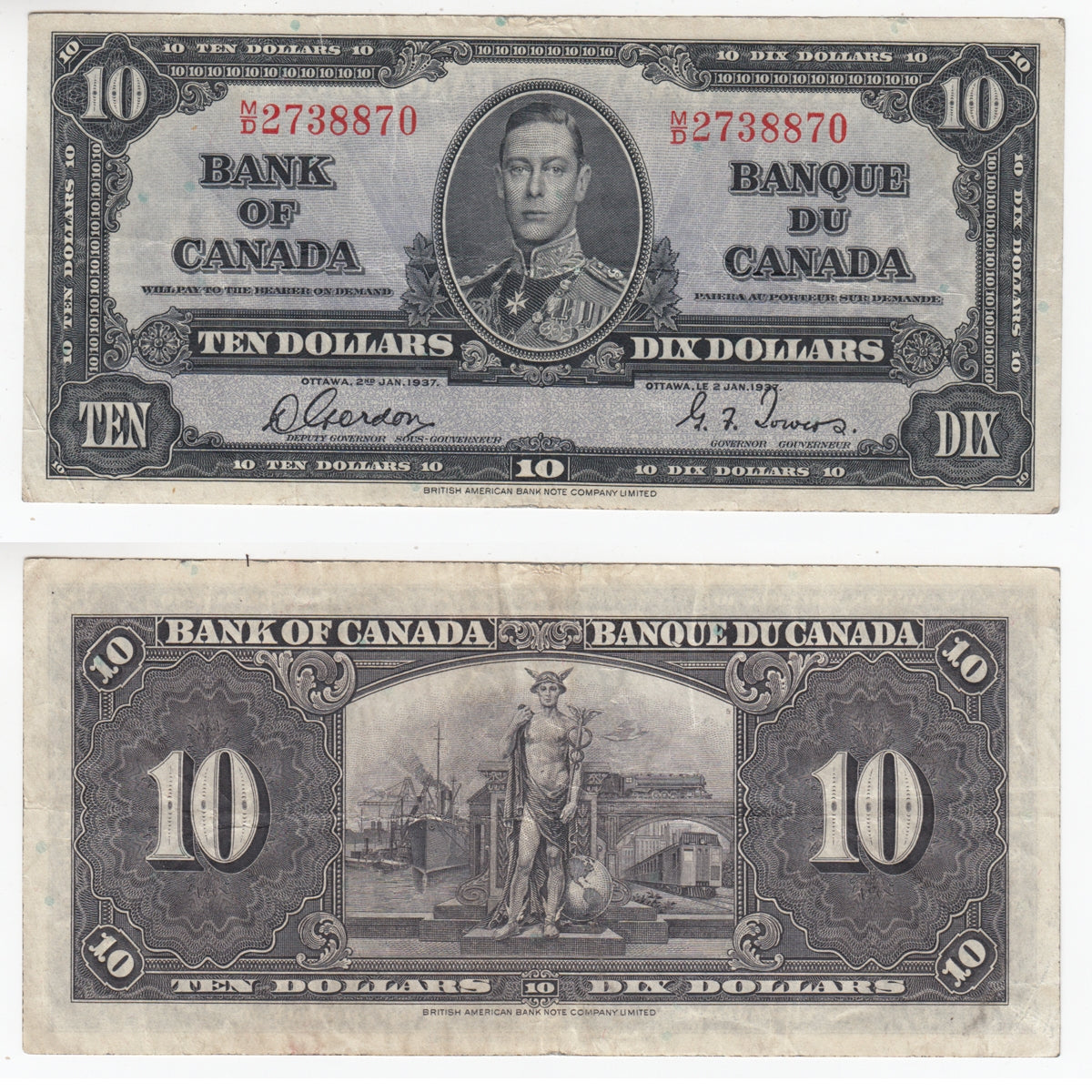 BC-24b 1937 Canada $10 Gordon-Towers, M/D, Very Fine (VF20)