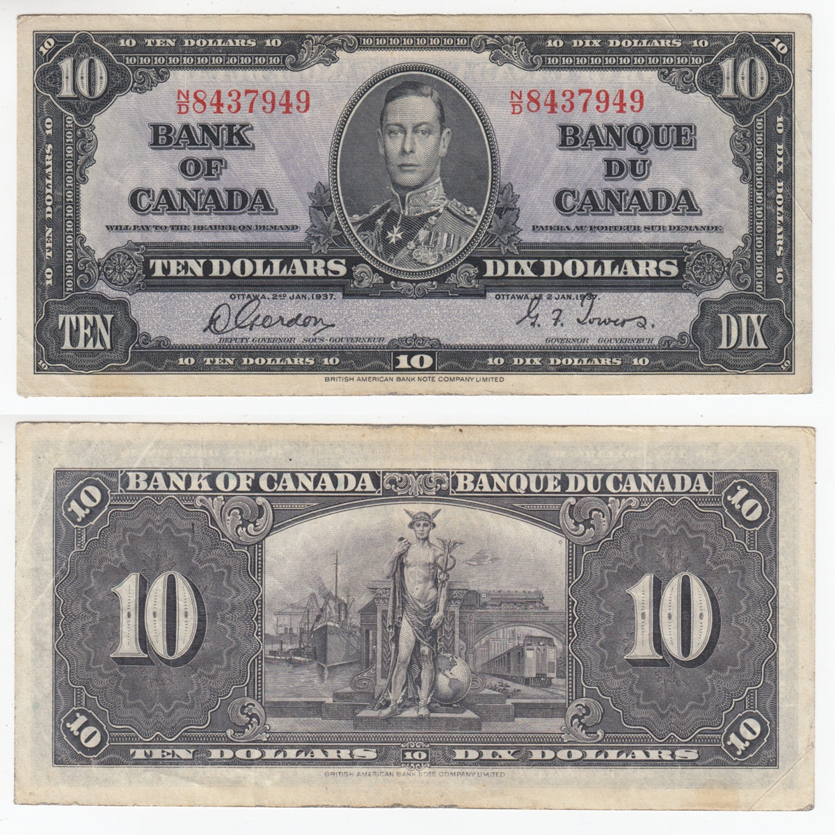 BC-24b 1937 Canada $10 Gordon-Towers, N/D, VF-EF