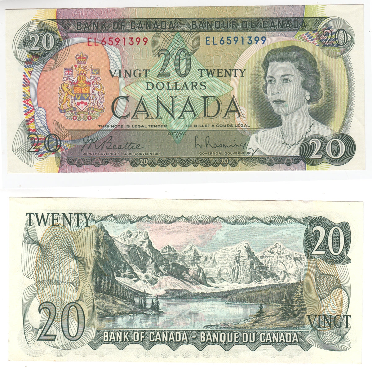 BC-50a 1969 Canada $20 Beattie-Rasminsky, EL, Almost Uncirculated (AU50)