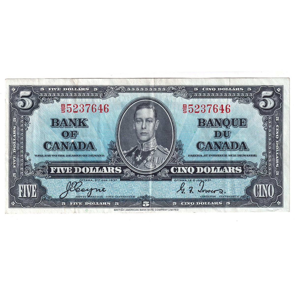 BC-23c 1937 Canada $5 Coyne-Towers, B/S, VF-EF