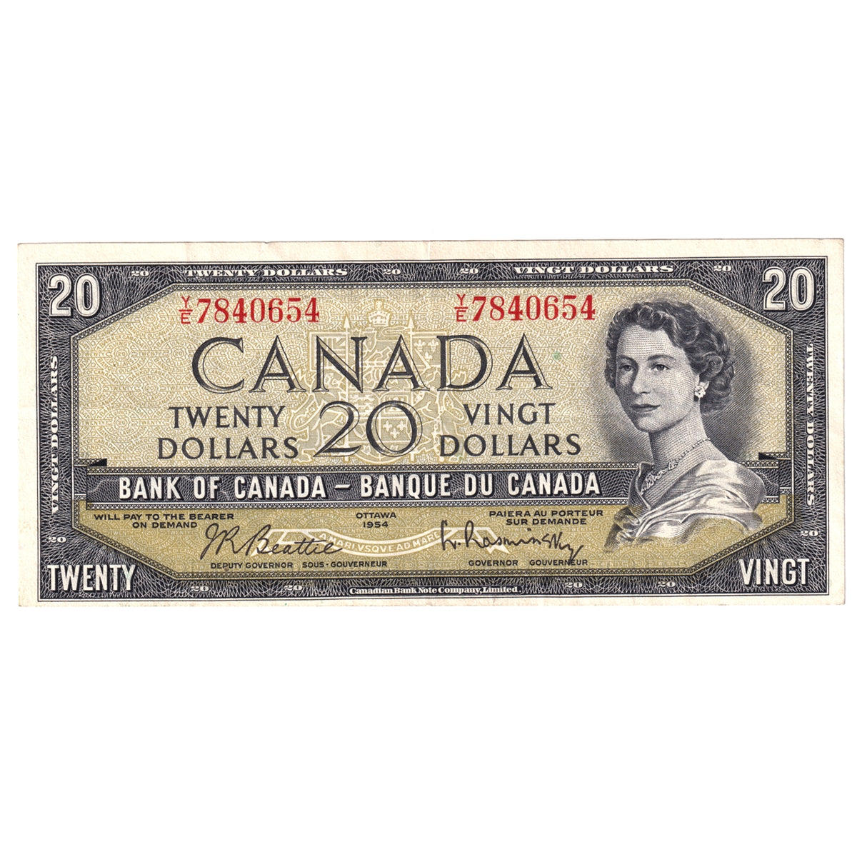 BC-41b 1954 Canada $20 Beattie-Rasminsky, Y/E, VF-EF