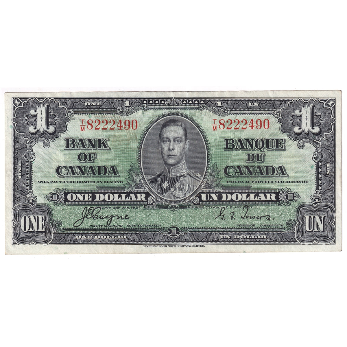 BC-21d 1937 Canada $1 Coyne-Towers, T/M, EF